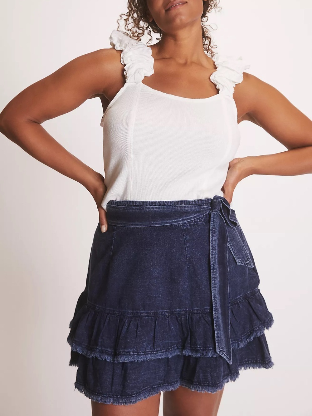 Pilcro Anthropologie Flirty Tiered Ruffle Denim Wrap Skirt - Dark Blue